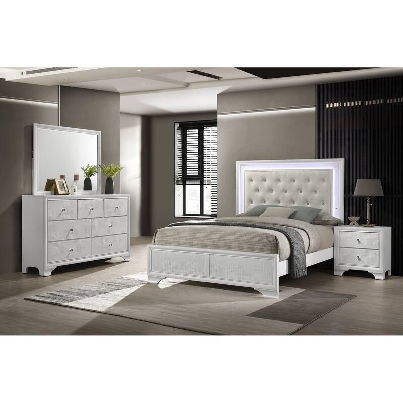 Modern White Tufted LED Headboard Queen Size Panel Bed with Textured Finish & Integrated Lighting