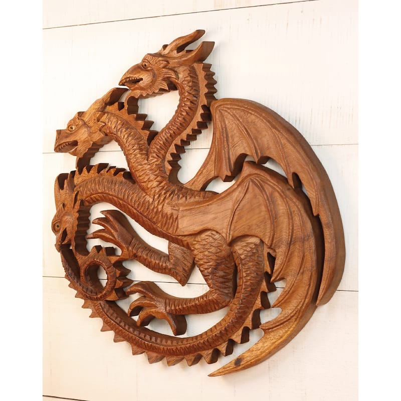 12" Three Headed Dragon Wooden Wall Art Hand Carved Fantasy Sculpture, Rustic Mythical Home Decor