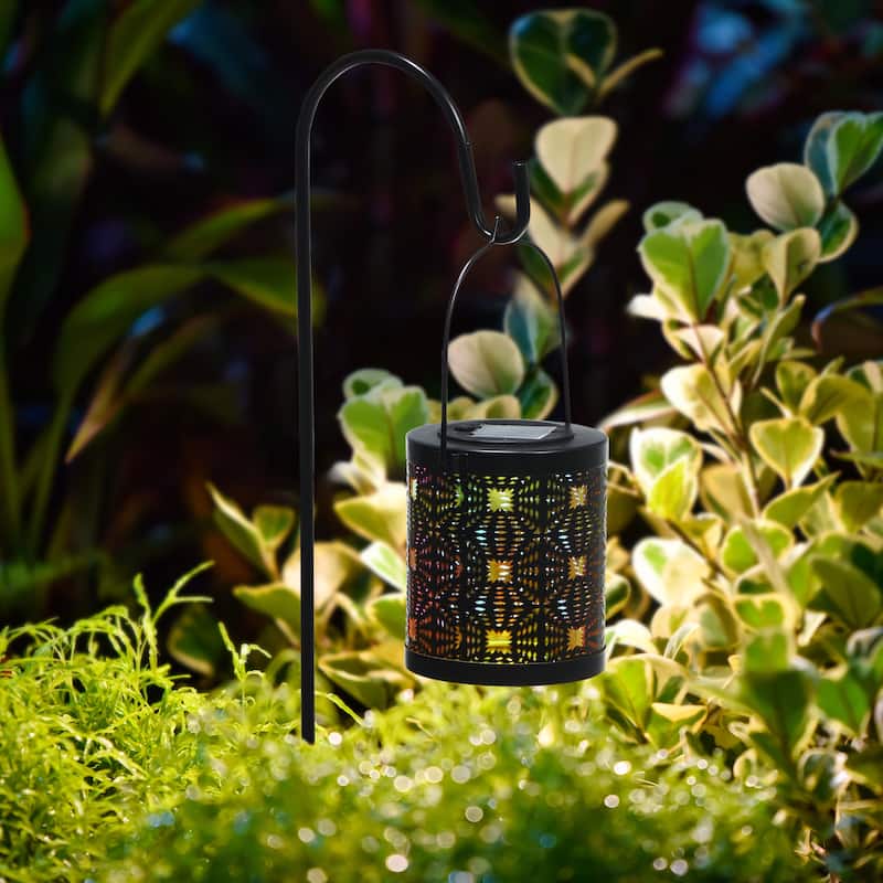 Glitzhome Set of 2 Metal Cutout Laser Outdoor Solar Lantern with Hanging LED Light Garden Stakes