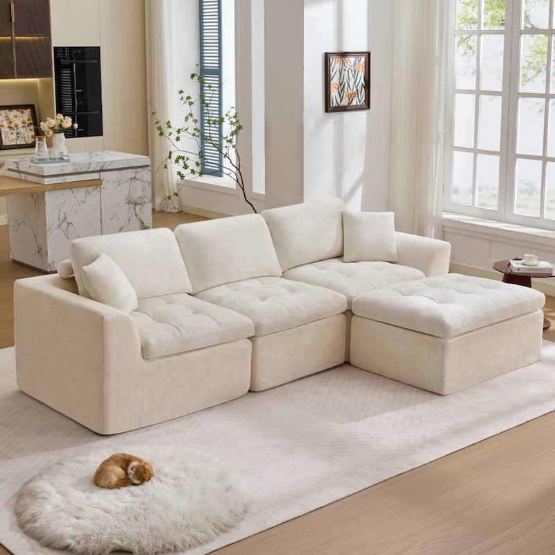 110" L-Shaped Chenille Sectional Sofa with Ottoman, No Assembly Required - Beige