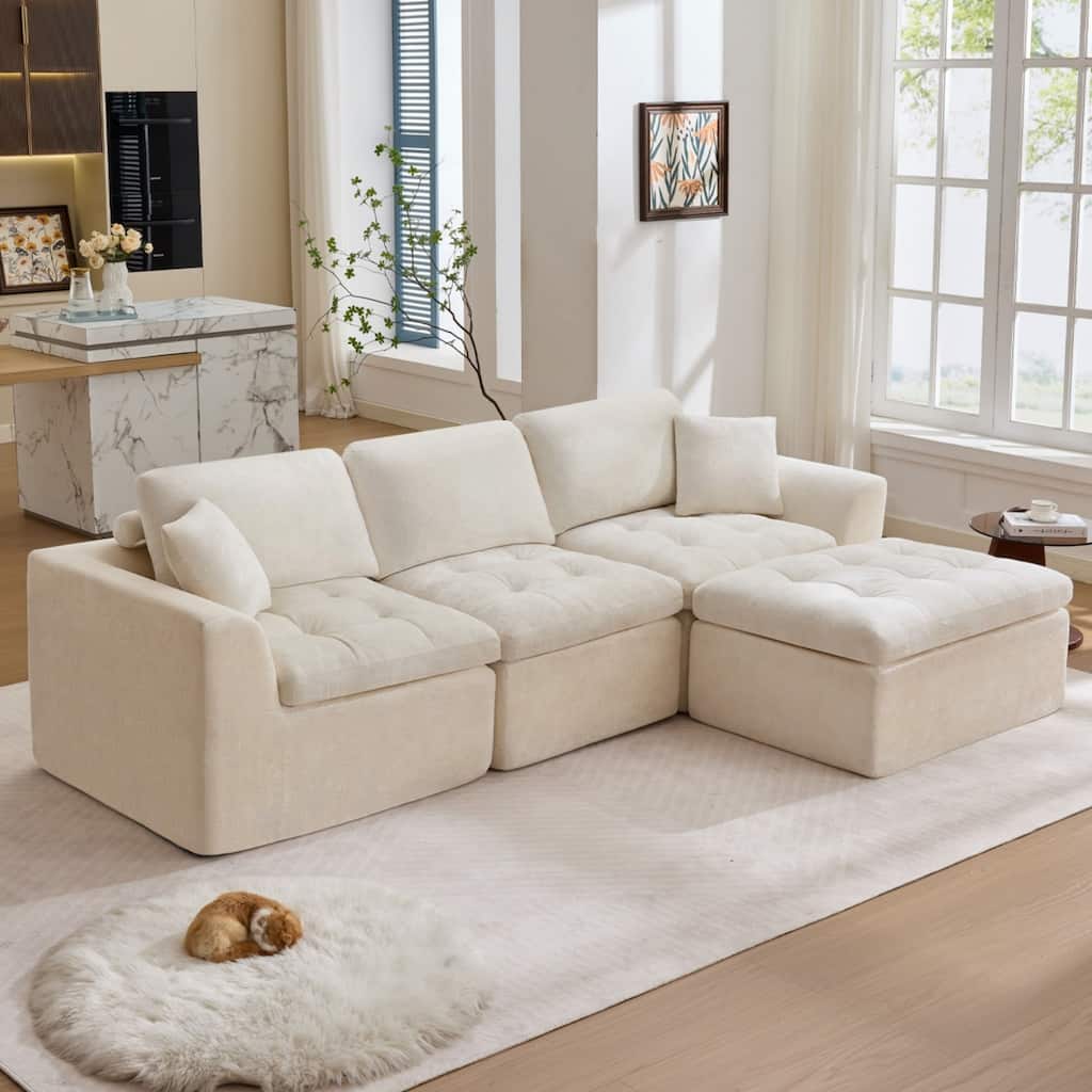 110" L-Shaped Chenille Sectional Sofa with Ottoman, No Assembly Required