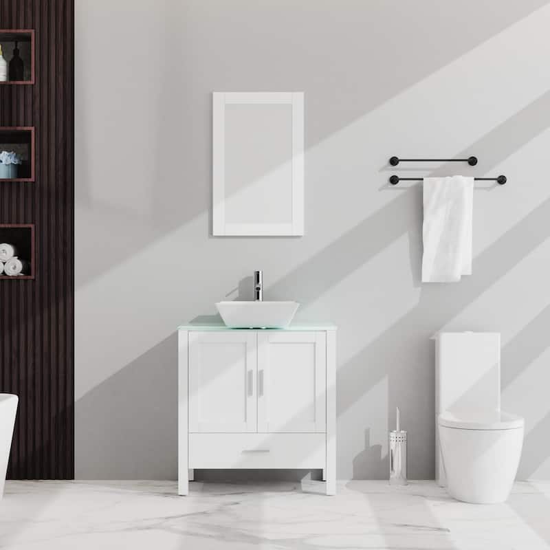 30" Bathroom Vanity and Sink Combo Glass Top Cabinet w/Mirror, White - White