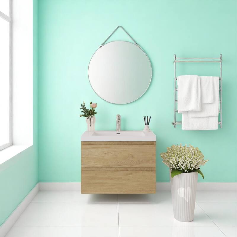 30" Wall-Mounted Bathroom Vanity with Resin Sink - Floating Bathroom Cabinet with Soft-Close Hinges,Floating Vanity Cabinet - Oak - 30 in Wood Oak