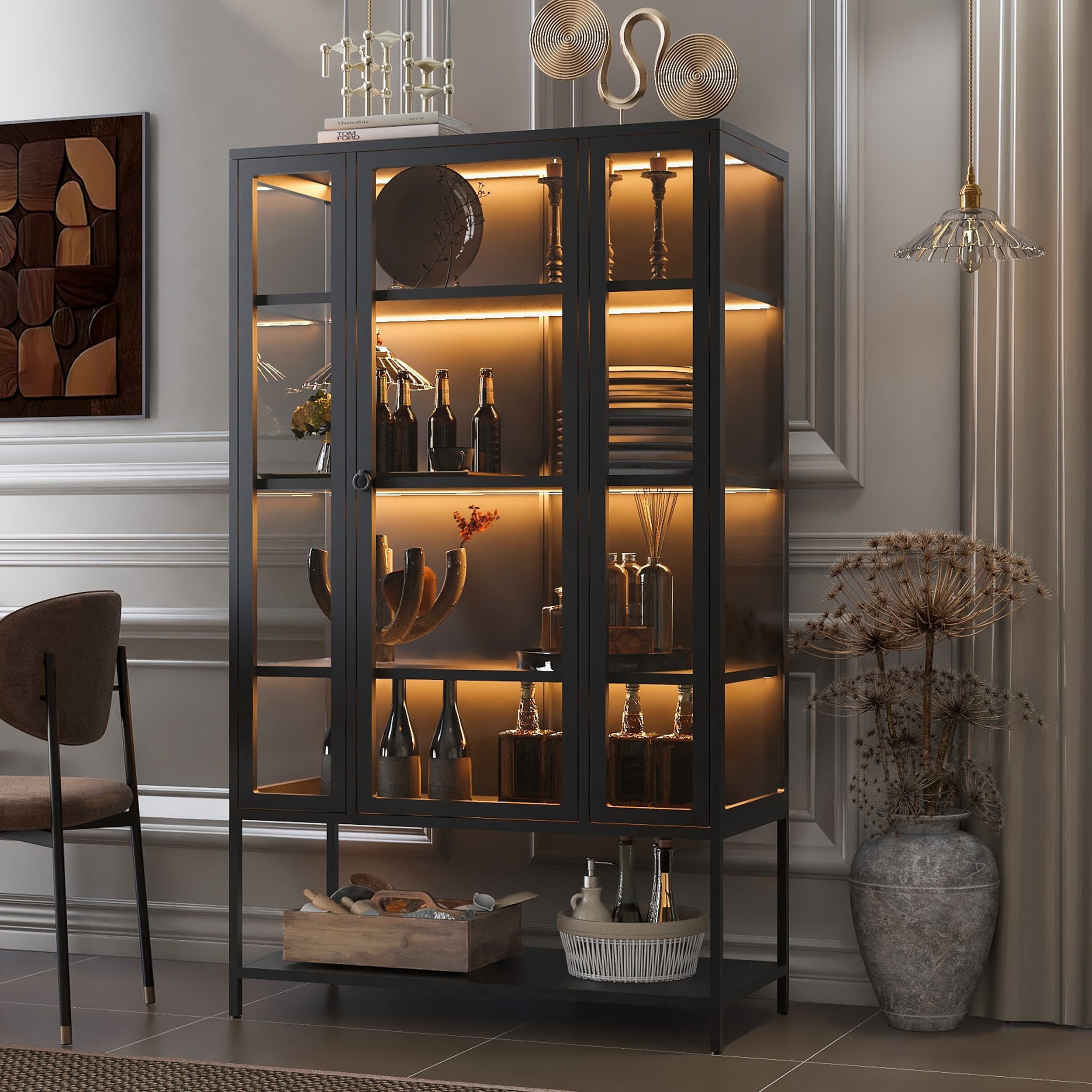67.25"Tall Iron Display Cabinet with Glass Door and LED Lights Steel Curio Cabinet 3-Sided Glass Display Case