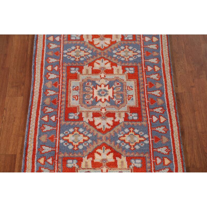 Blue Geometric Heriz Serapi Indian Runner Rug Hand-Knotted Wool Carpet - 2'4" x 7'11"