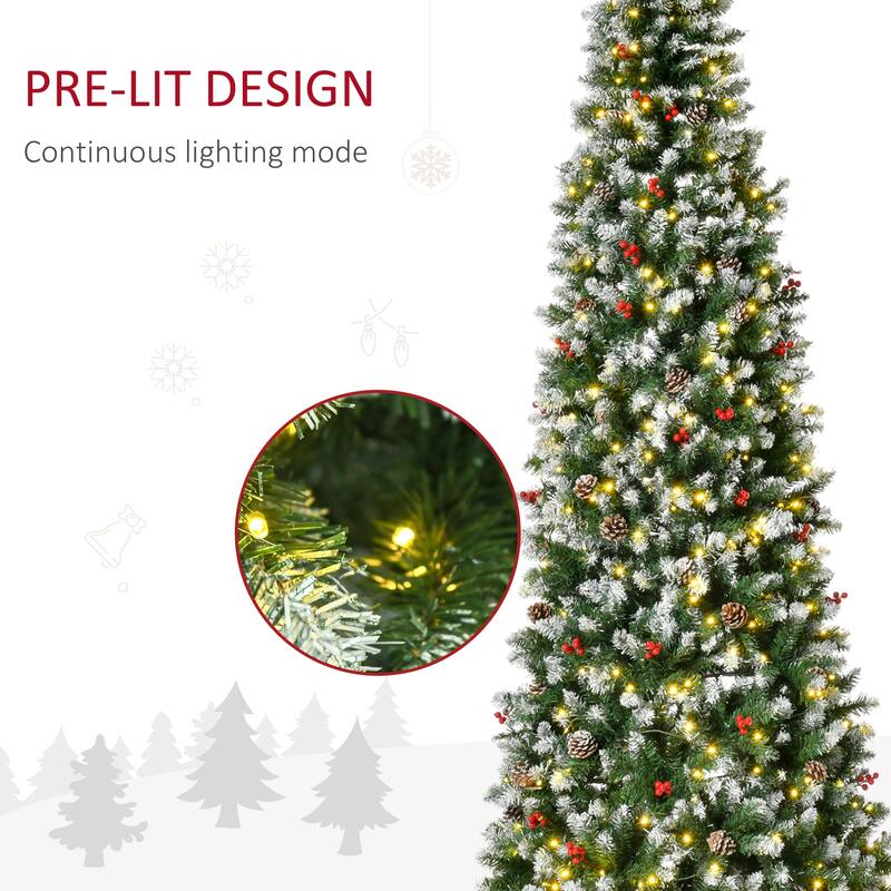 Snow-Flocked Artificial Christmas Tree with LED Lights, Pine Cones & Red Berries, 6ft, 7.5ft, 9ft