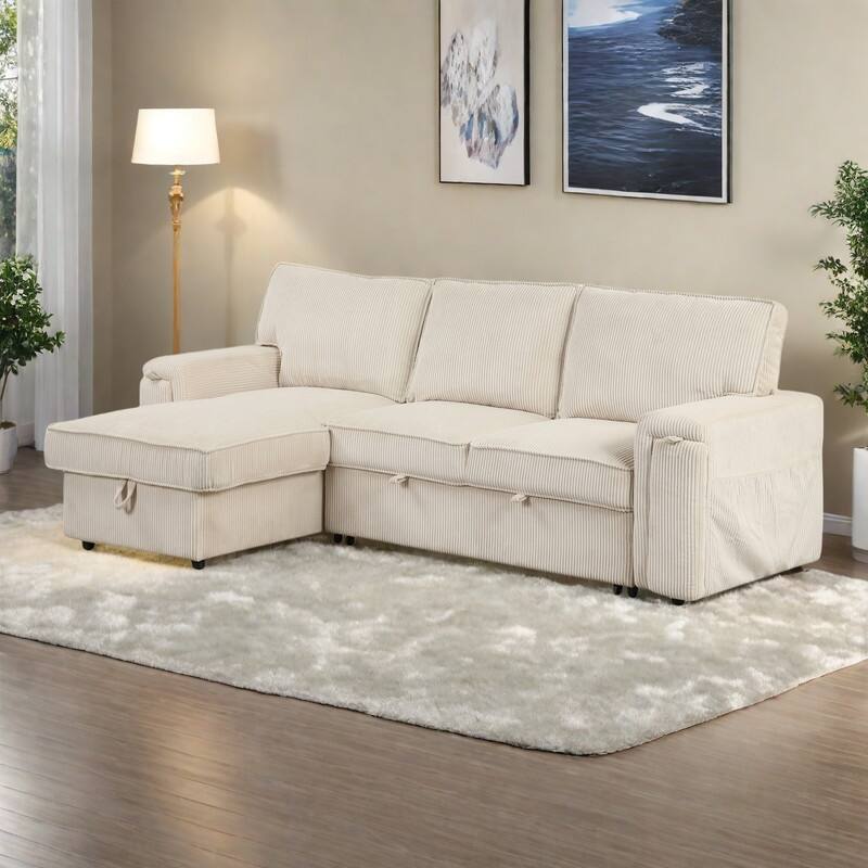 96.1" Polyester Sleeper Sectional Sofa with Storage Bags, Cup Holders and Fold-Out Twin Bed - Beige