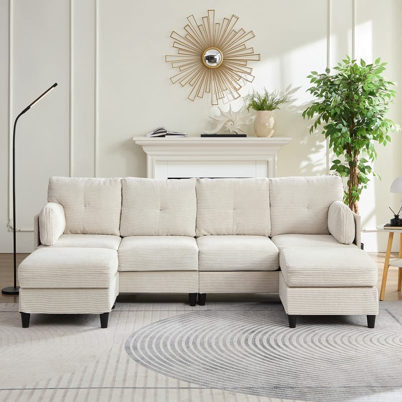 Mixoy W89inch U-Shaped Corduroy Sectional Sofa with Reversible Ottoman,Upholstered 4-Seater Sofa