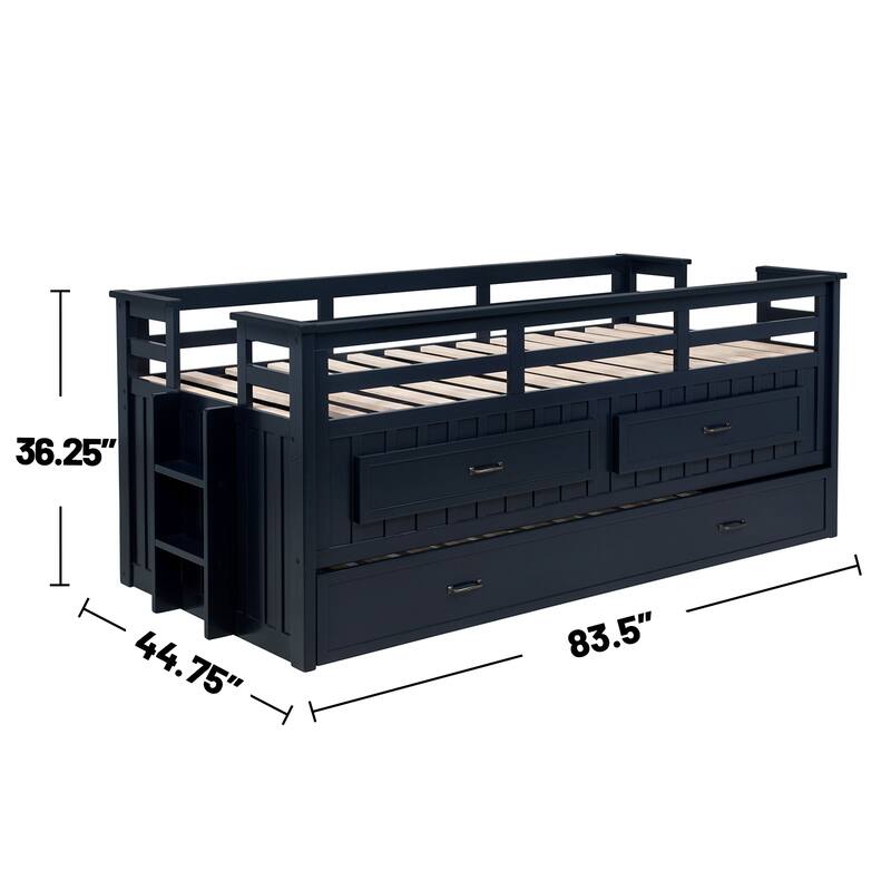 Wood Twin Captains Bed With Trundle in Navy Blue