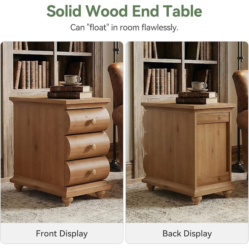 Solid Wood End Table, 3 Drawers Narrow Sofa Side Table with Finished Back