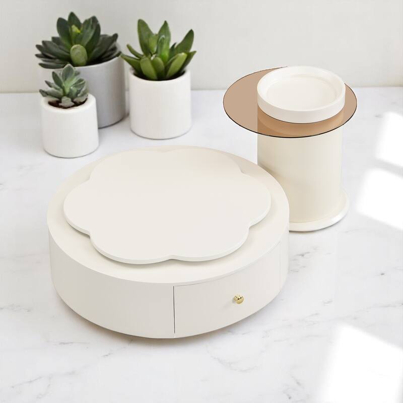 2-Piece Rotating Flower-Shaped Coffee Table Set, Drawers, and Top Circle Side Table End Table with Glass for Living Room