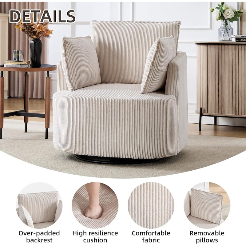 Swivel Accent Chair,360°Swivel Barrel Chair with 3 Pillows Corduroy Round Armchair Single Sofa Chair for Living Room Bedroom