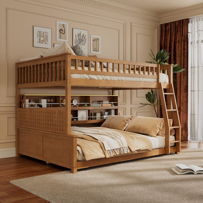 Full XL over Queen Bunk Bed with Integrated Shelving, Color-Changing Lights and Pegboard