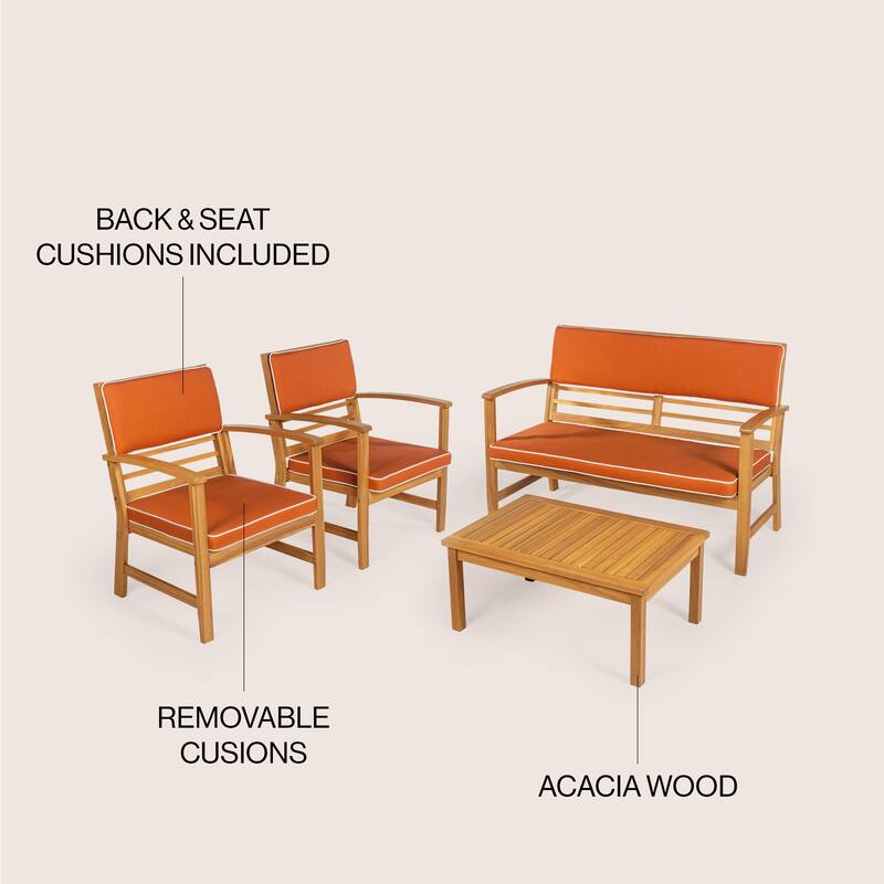 Freja 4-Piece Modern Coastal Acacia Wood Conversation Outdoor Patio Set with Cushions, by JONATHAN Y