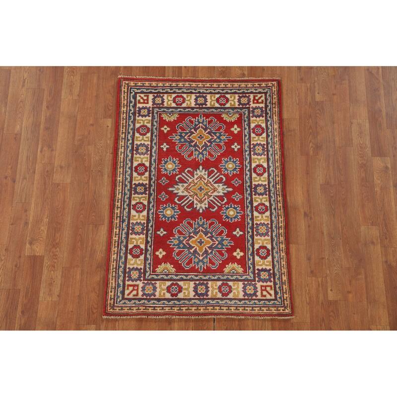 Geometric Kazak Accent Rug Hand-Knotted Traditional Wool Carpet - 2'8" x 3'11"