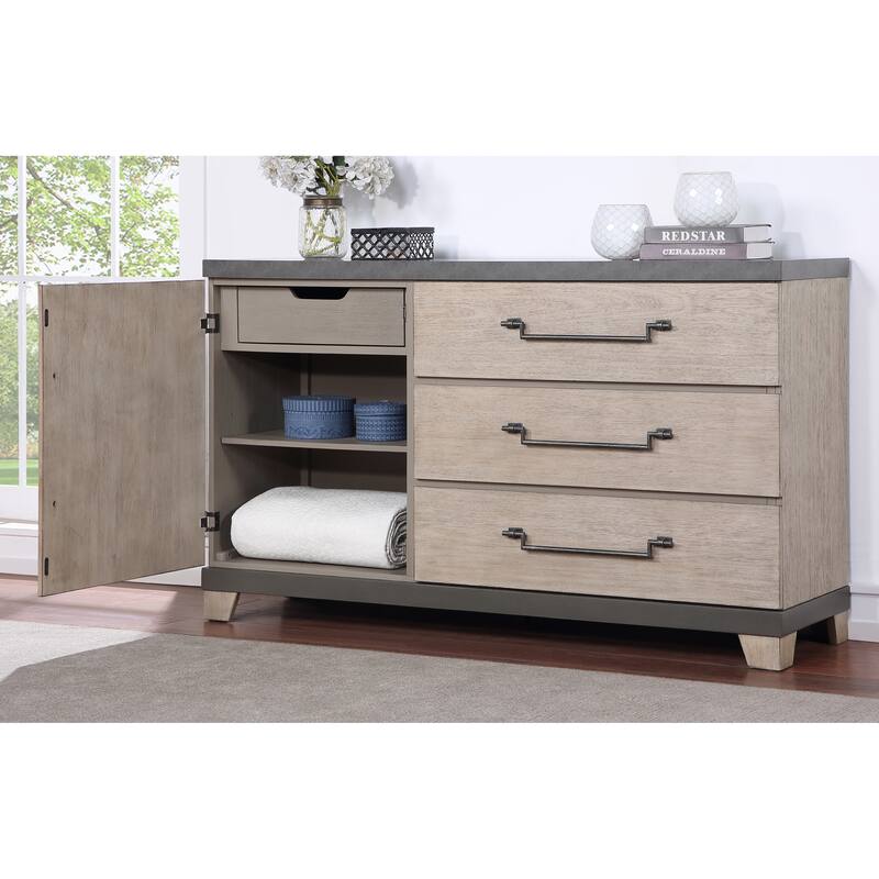 Roundhill Furniture Arbela Wood Slatted Panel Bed with Dresser, Mirror, and Two Nightstands, Weathered Oak Finish