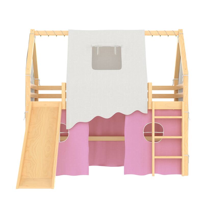 Fairytale Loft Bed Wooden House Bed with Tents, Light Strip and Slide