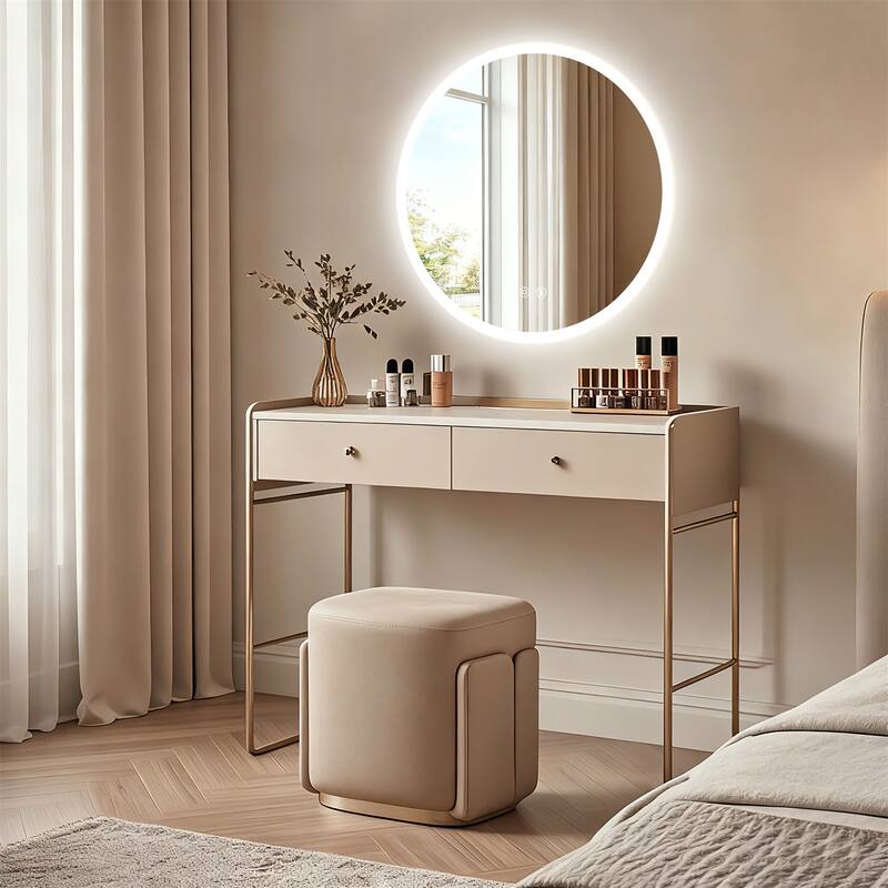 Backlit Round LED Lighted Bathroom Mirror Smart Touch Anti-Fog Wall Makeup Mirror with Aluminum Frame - 20" x 20"