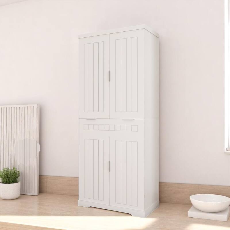 Tall White Kitchen Pantry Cabinet with Drawer, Adjustable Shelves and 6 Door Racks, Farmhouse Storage Organizer - White
