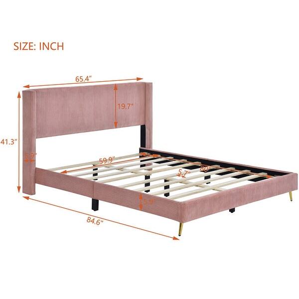 dimension image slide 0 of 4, Queen Size Corduroy Platform Bed with Tufted Headboard and Metal Legs