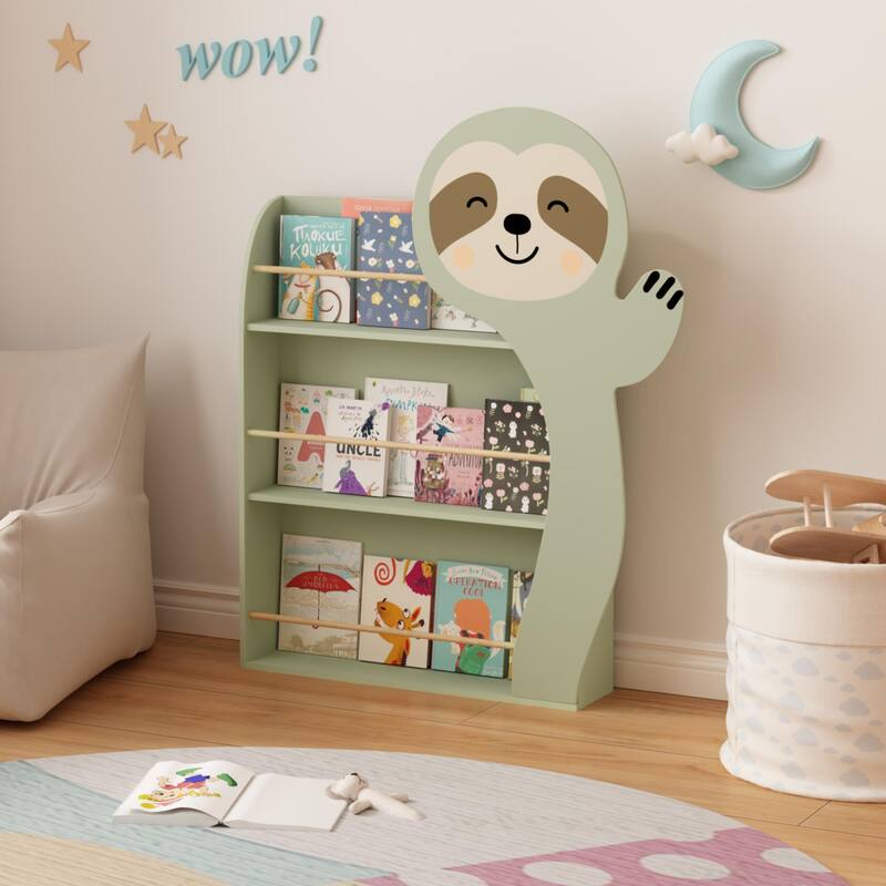 AnmytekSloth Kids Bookshelf, Front-Facing Toddler Book Display Rack with 3 Tiers, Cute Animal Design, Wooden Nursery Bookshelf