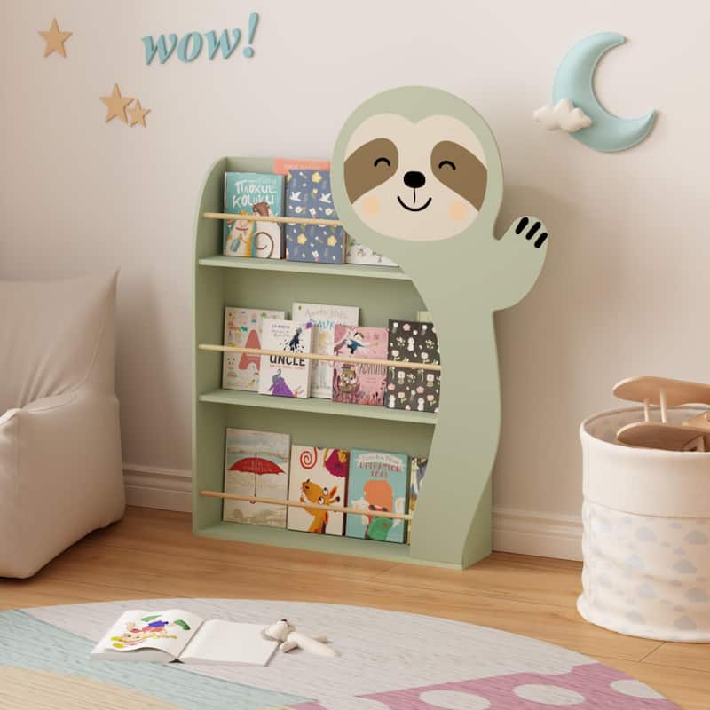 Sloth Kids Bookshelf, Front-Facing Toddler Book Display Rack with 3 Tiers, Cute Animal Design, Wooden Nursery Bookshelf