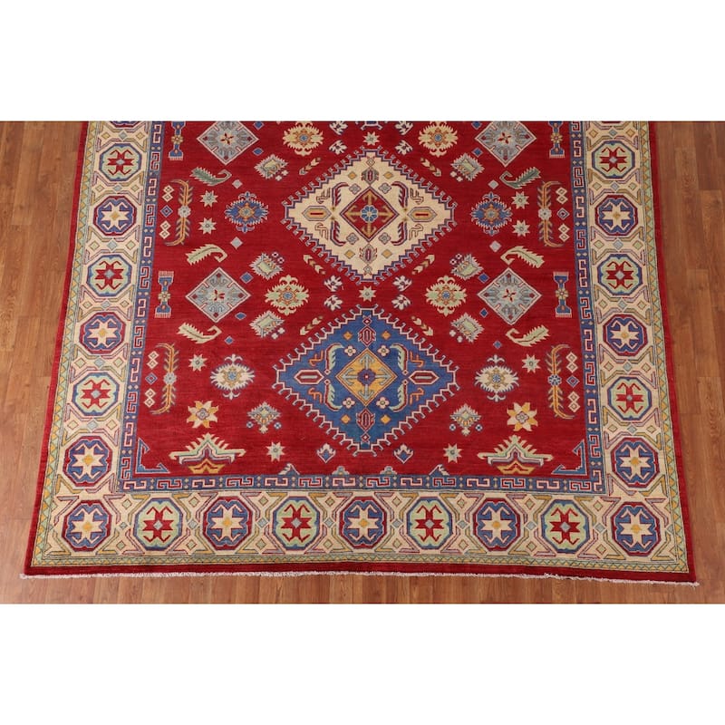 Red Geometric Kazak Rug Handmade Wool Carpet - 7'10"x 9'6"