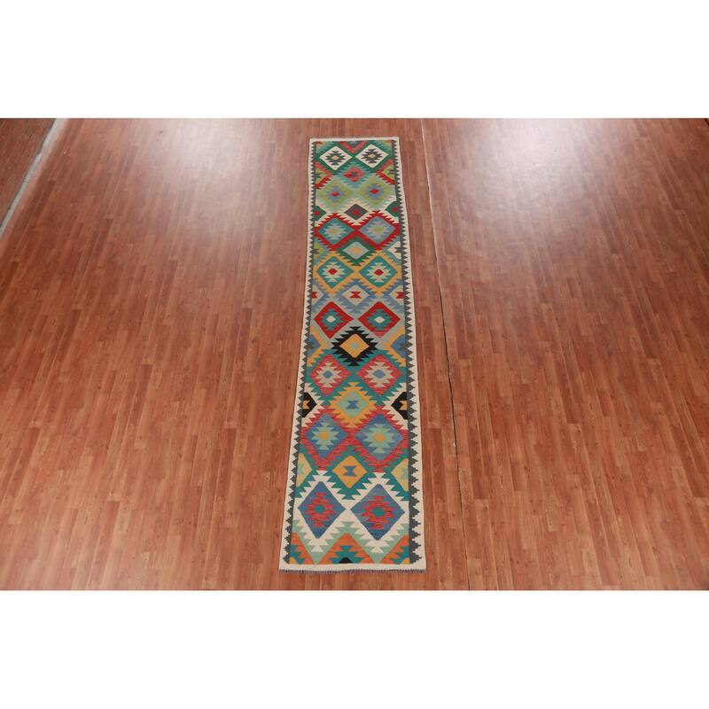 Hand Woven Oriental 100% Wool Carpet Southwestern All-Over Multi-Colored Kilim Runner Rug - 12' 10'' X 2' 9''