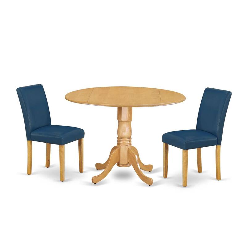 Round Dining Table Set - 42" Table w/ Drop Leaves & 2 Parsons Chairs - Linen White PU Leather
