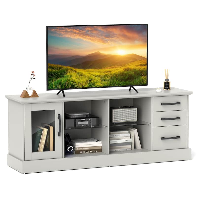 Gymax 63'' Media Console Table w/ 3 Drawers 2 Glass Shelves Cable - Grey