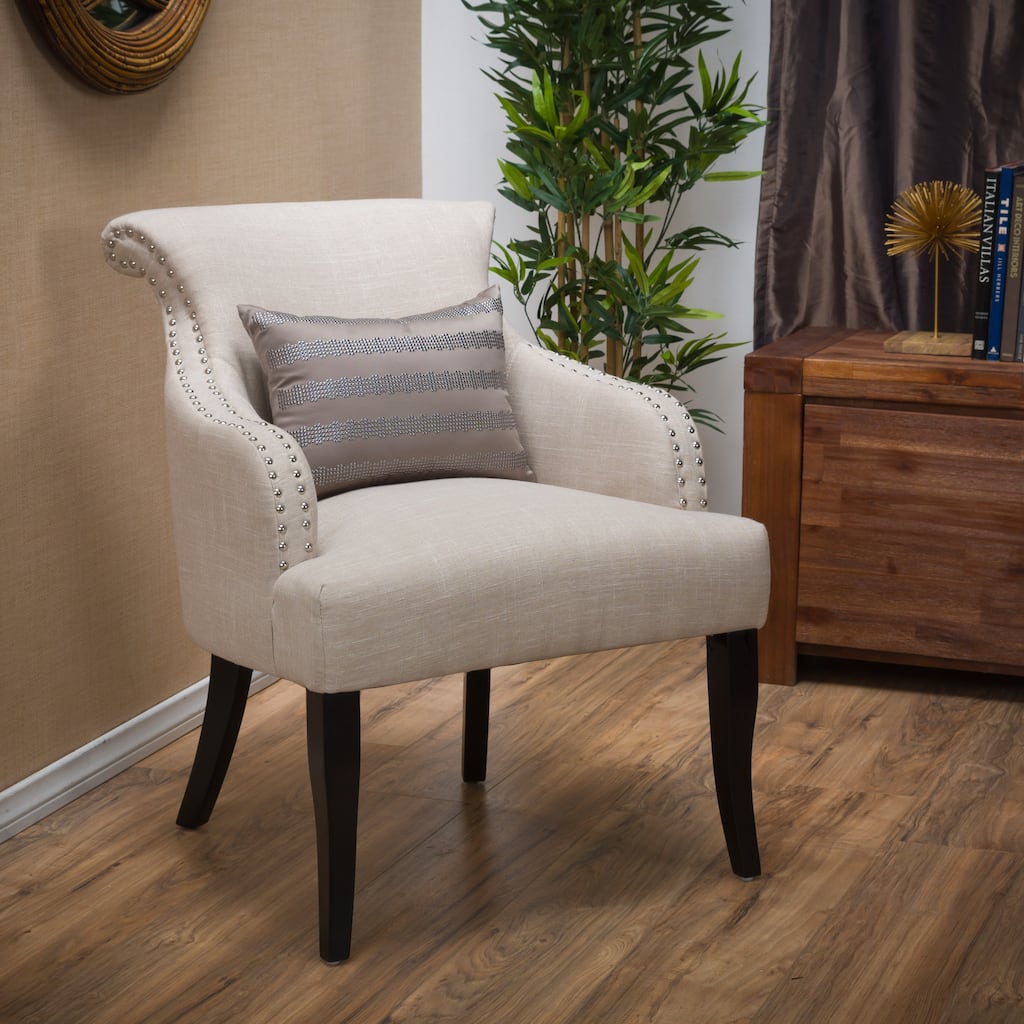 Light Beige Modern 26" Arm Chair with Birch Wood Legs and Nailheads for Living Room