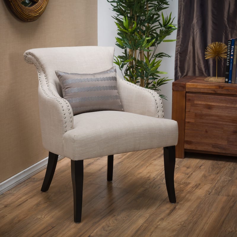 Roomfitters Upholstered Accent Chair with Curved Backrest and Nailhead Trim, Armless Lounge Chair with Wood Legs, Beige - Beige