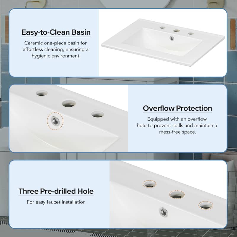 24 Inch Bathroom Vanity with Ceramic Sink Solid Wood Frame 2 Soft Close Doors and Adjustable Storage