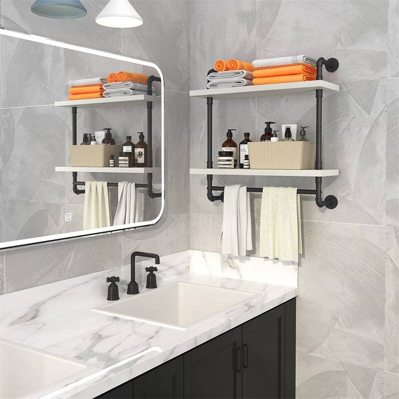 2 Tier Wood Floating Shelves Towel Rack - 7.87"D x 24"W x 25.6"H