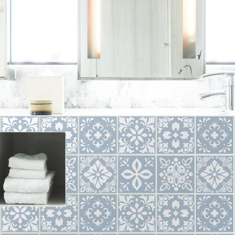 Walplus Triana Blue Grey Cemente Spanish Wall Tile Sticker Peel and Stick