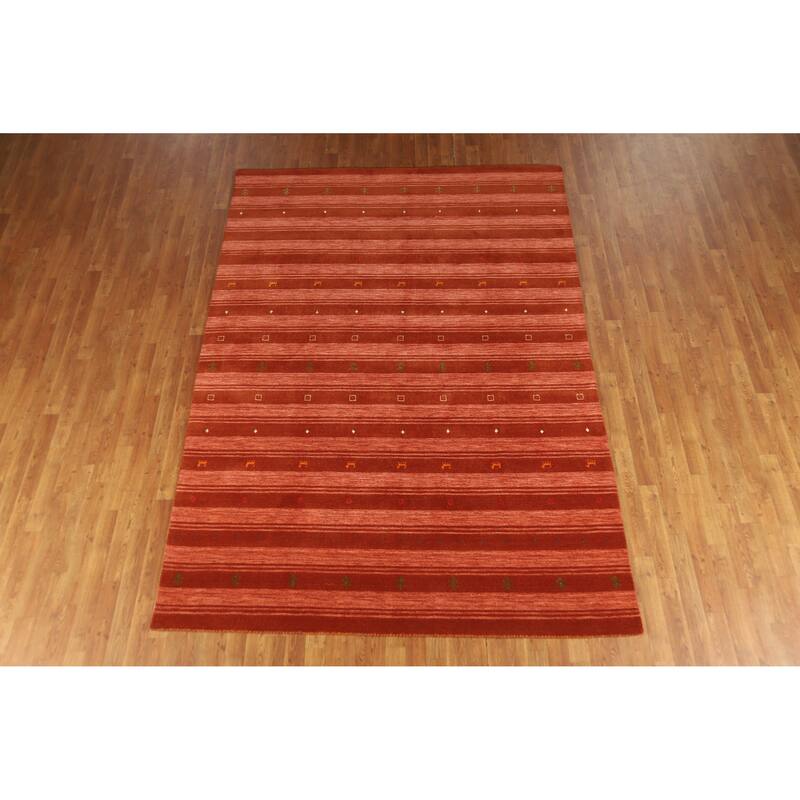 Hand Knotted Oriental 100% Wool Carpet Tribal Stripe Oranges & Rust Gabbeh Area Rug - 9' 9'' X 6' 9''