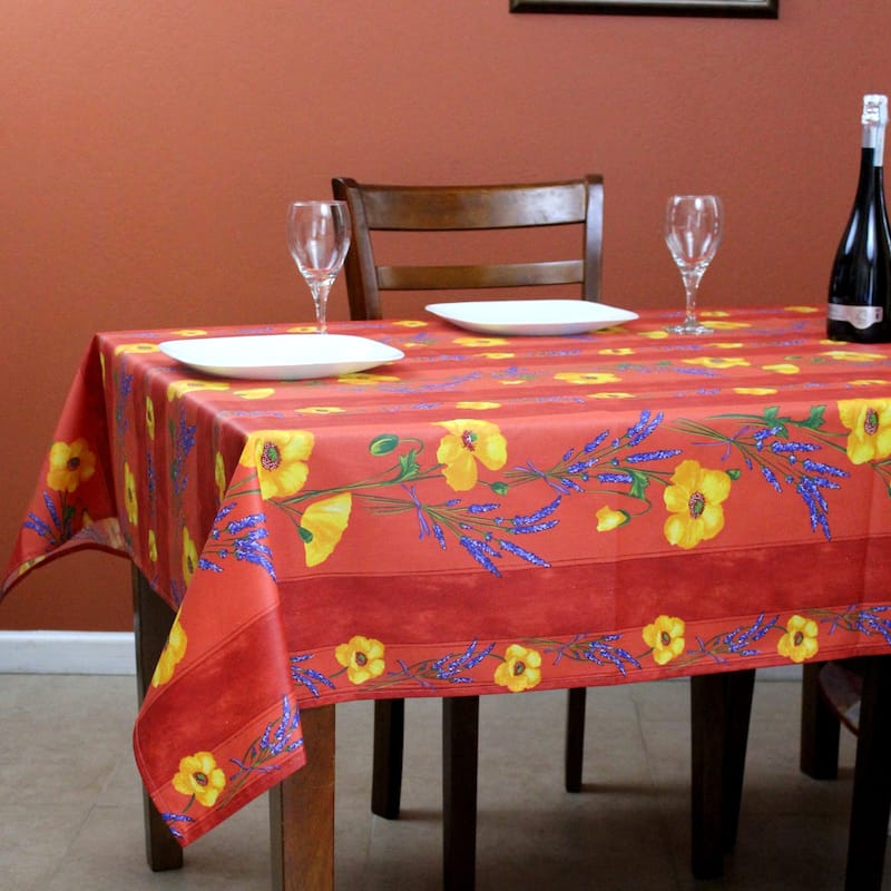 Wipeable Spill Resistant Provencal Cotton Cannes Collection Tablecloth - 60 x 98 in - Salmon Peach Poppy Stripes