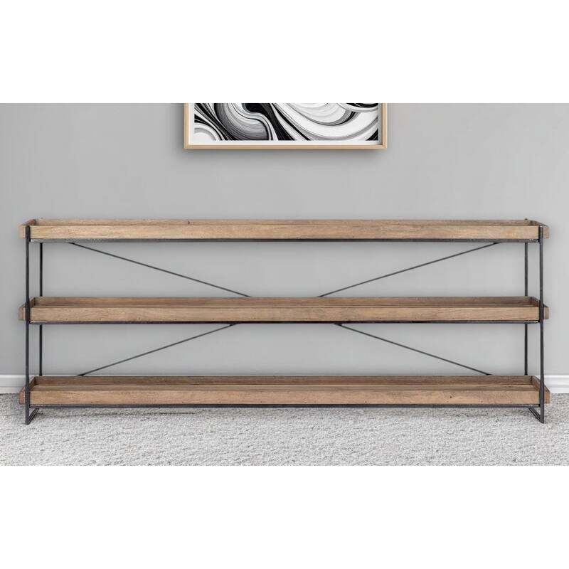 HomeRoots 80" Light Brown and Black Solid Wood and Iron Console Table With Two Shelves - 16 - 16 - Wood
