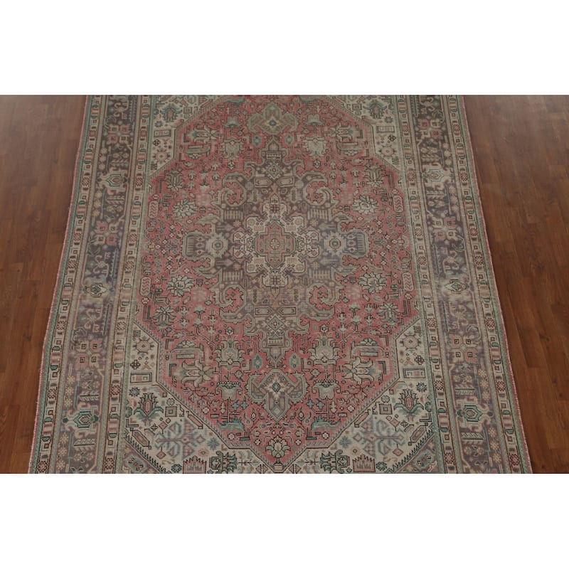Distressed Tabriz Persian Vintage Area Rug Hand-Knotted Wool Carpet - 6'5" x 9'7"