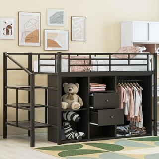 Black Metal Loft Bed with Drawers, Storage Staircase, and Wardrobe