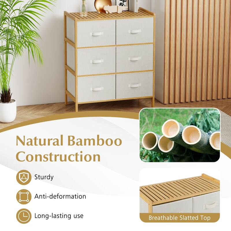 6-Drawer Wicker Dresser with Fabric Drawers Raised Legs Anti-Slip Feet for Home Organization