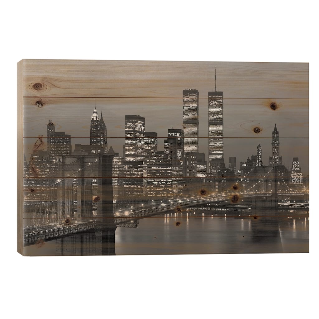1980s New York City Lower Manhattan Skyline Brooklyn Bridge World Trade Center Print On Wood by Vintage Images - Multi-Color