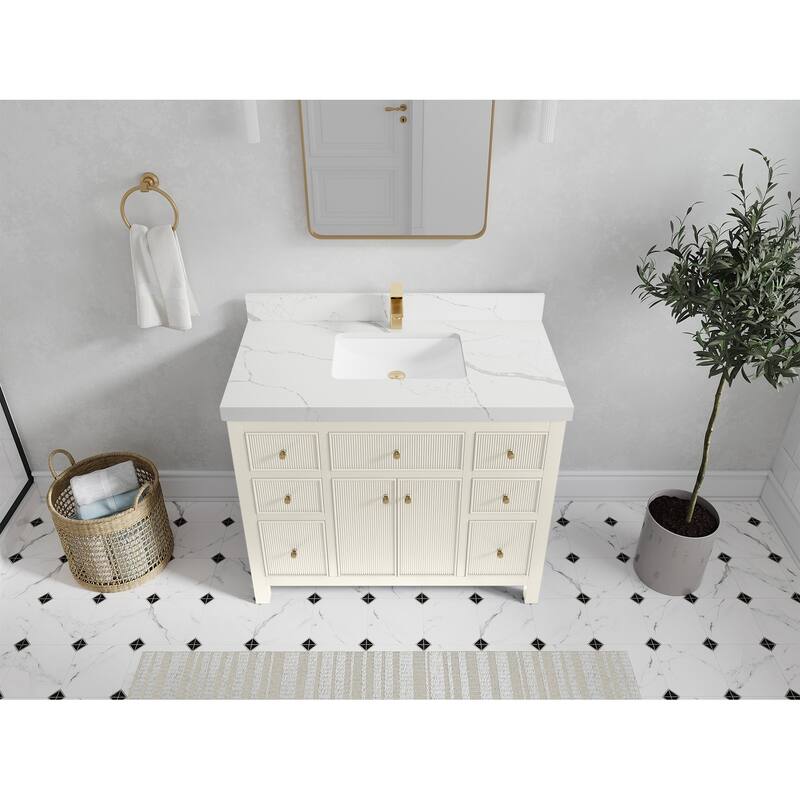 Willow Collections 42 in W x 22 in D Sonoma Free Standing Reeded Single Sink Bathroom Vanity with Countertop - 2”Calacatta Laza - Ivory