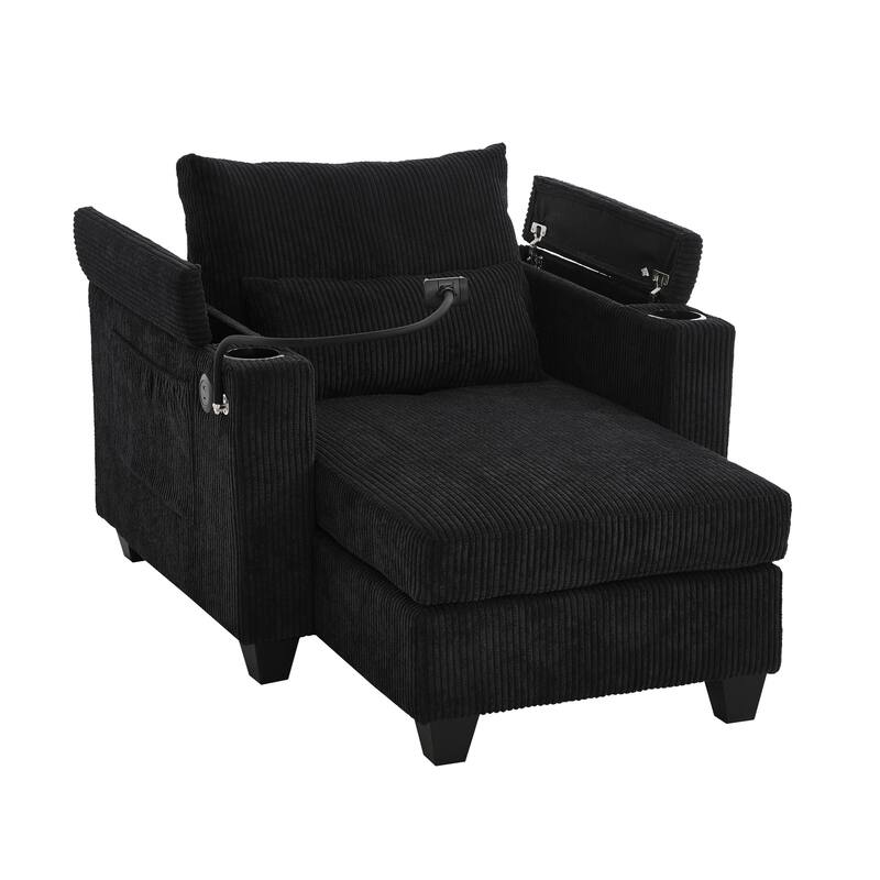 Convertible Chaise Lounge Sofa Chair with USB Ports, Storage 37.4" Corduroy Sleeper Sofa Bed with Adjustable Backrest