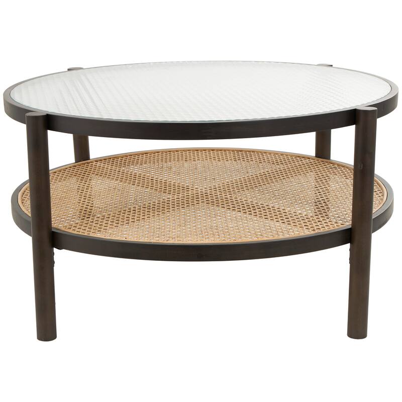 Brown Rattan Accent Table with Pressed Tempered Glass Top