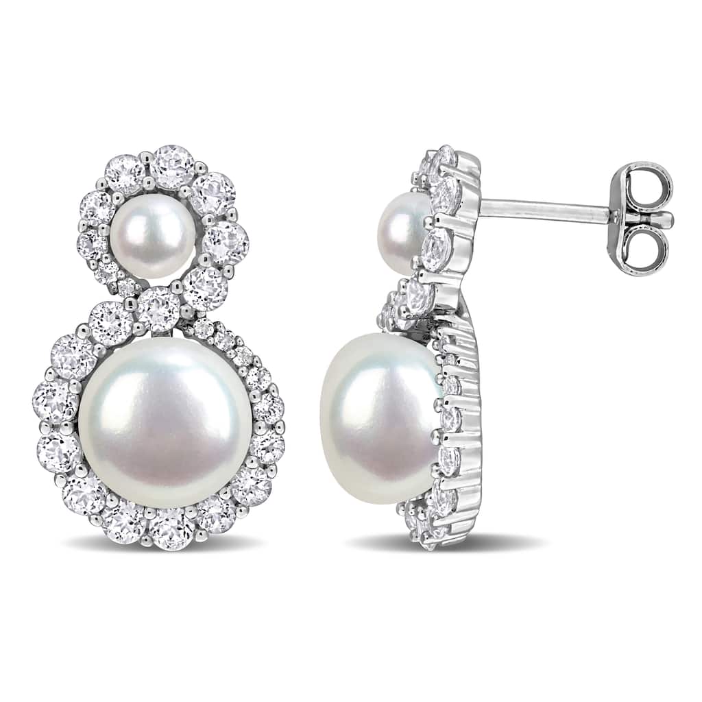 Miadora Cultured Freshwater Pearl 2ct TGW White Topaz Drop Earrings in Sterling Silver