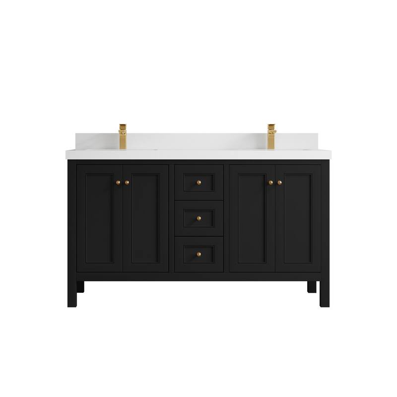 Willow Collections 60 in. W x 22 in. D Nashville Double Bowl Sink Bathroom Vanity with Countertop - 2”White Quartz - Black