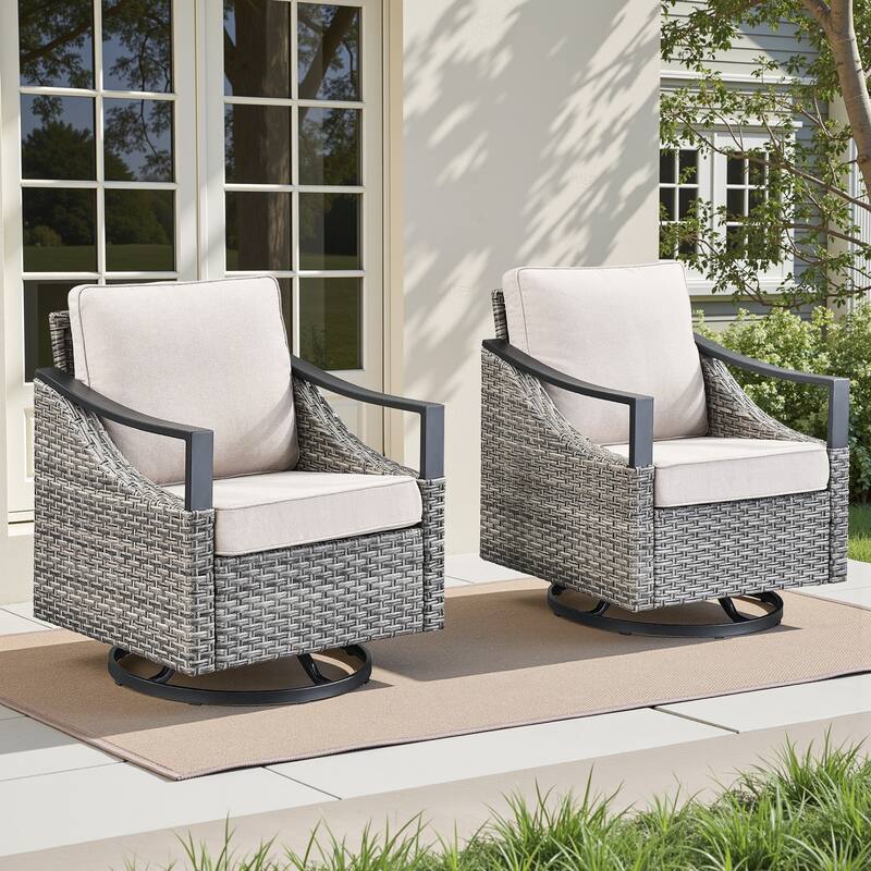 Pocassy Outdoor Sofa Swivel Patio Chair Table with Ottoman Set - Gray Wicker Beige Cushion - 2-Piece Swivel Chair with Thick Cushions
