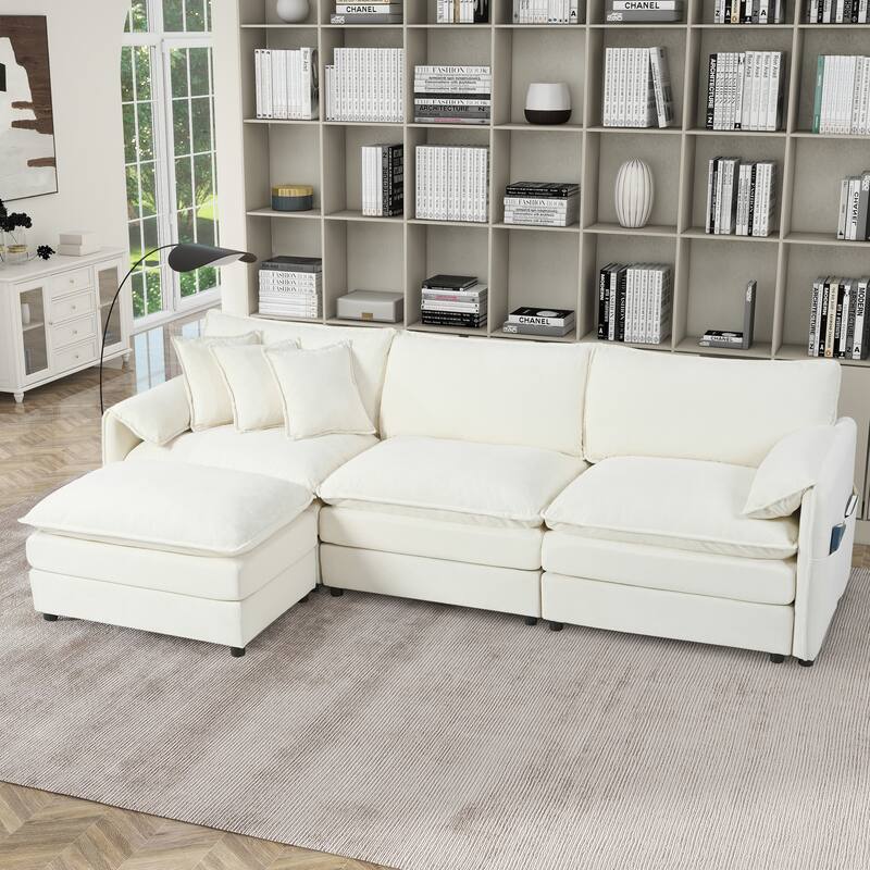 110" Modular 3-Seater Sectional Sofa Oversized Deep Seat L Shaped Couch Set with Movable Ottoman and 3 Pillows - Beige - Reversible