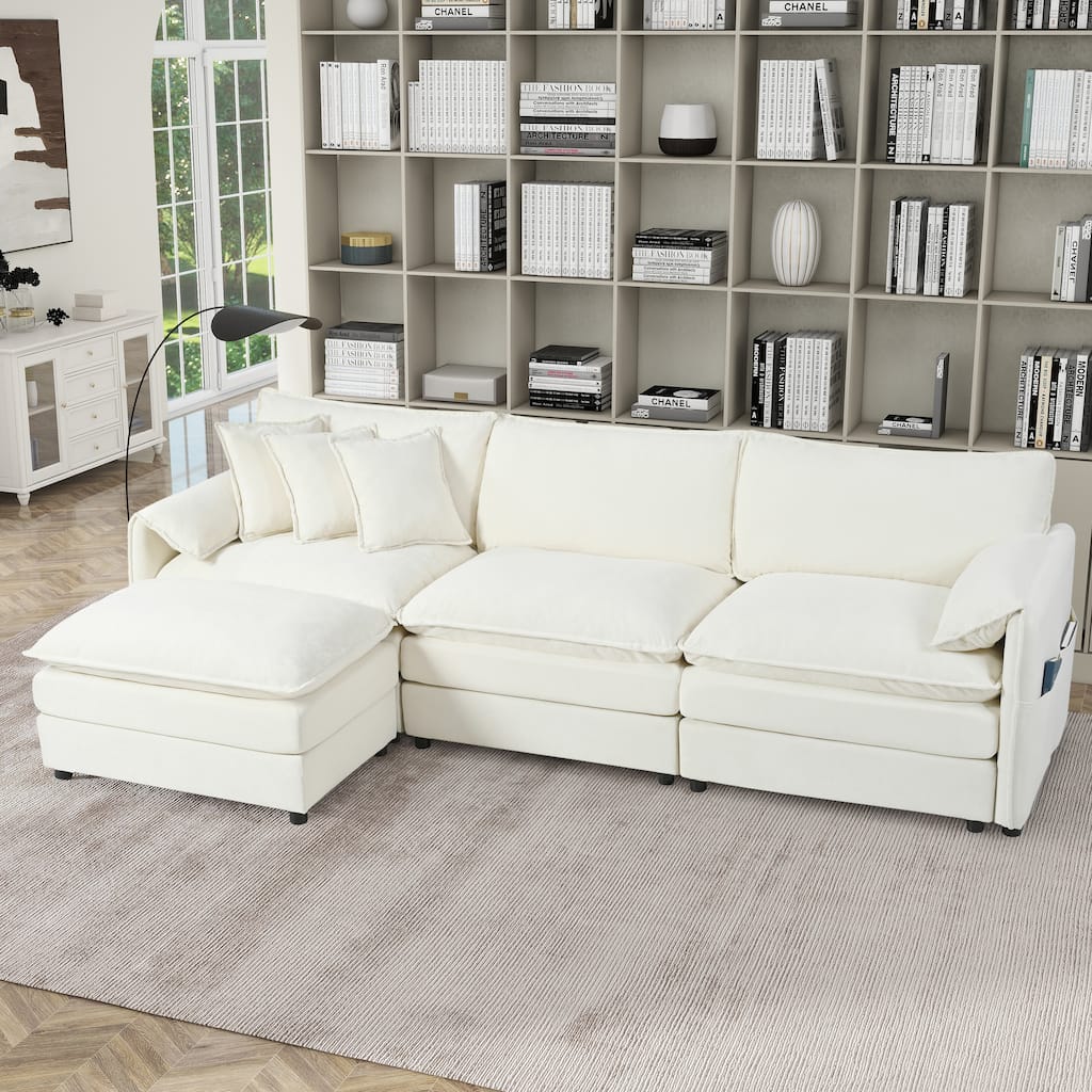 Chenille L-shaped Chaise Sectional Sofa 3 Seater Modular Couch with Side Pockets, Armrest Pillows and Thickened Seat Cushions